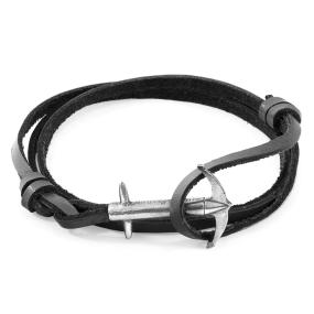 BRACELET ANCRE ADMIRAL ARGENTÉ ET CUIR PLAT NOIR CARBONE