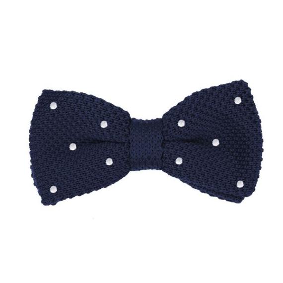 Noeud papillon tricot bleu ? pois blancs